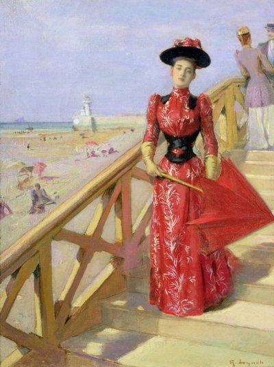Kvinde på vej ned ad trapper til en strand af Albert Lynch