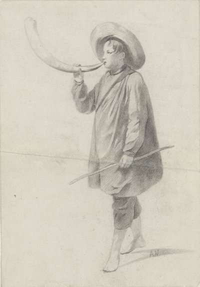 Hyrde dreng blæser i et horn af Albert  Neuhuys