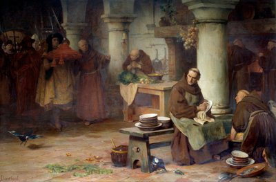 Sankt Bonaventure (San Bonaventura) (1217-1274) modtager den lilla kardinalice En høj embedsmand fra Vatikanet bringer kardinalens bar til munken, der indtager menageriets aktiviteter i klostret. Maleri af Albert Pierre Dawant (1852-1923) 1897 søn. 1,4x af Albert Pierre Dawant