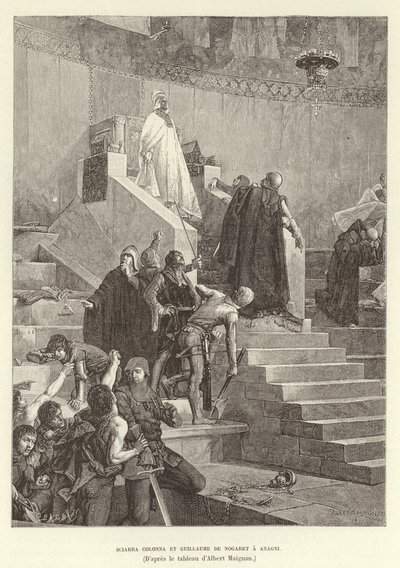Sciarra Colonna og Guillaume de Nogaret i Anagni. Sciarra Colonna og Guillaume de Nogaret konfronterer pave Boniface VIII i Anagni, Italien af Albert Pierre Rene Maignan