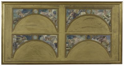 Skitse til Salon des Lettres på rådhuset i Paris: de store litterære værker (La Chanson de Roland, Le Misanthrope, Eviradnus, Mimi Pinson, Le Cid, Phèdre, Pantagruel, La Cigale), ca. 1890 (olie på sort blæk på lærred) af Albert Pierre Rene Maignan