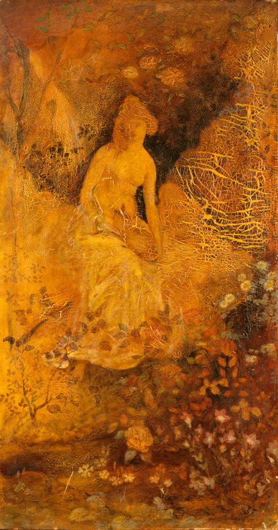 Panel til en skærm: Kvinde med en hjort, ca. 1876. af Albert Pinkham Ryder