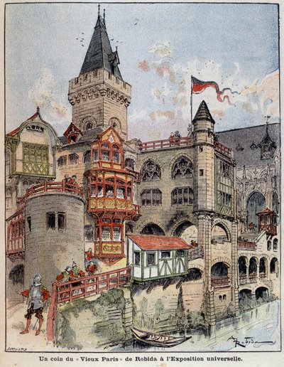 Et hjørne af Robidas "Old Paris" på verdensudstillingen. Forside "" Den lille franskmand illustreret"" af 26/05/1900. af Albert Robida