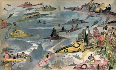 Forventning: udgivelsen af Paris Opera i 2000, set af designeren Albert Robida i 1900. Pariserne cirkulerer gennem alle slags luftfartøjer. af Albert Robida