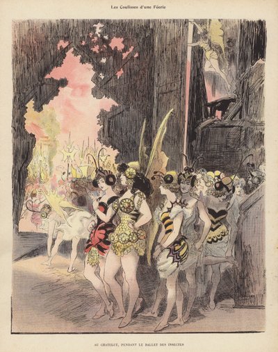 Backstage under en produktion af Ballet des Insectes i Theatre du Chatelet, Paris (farve litho) af Albert Robida