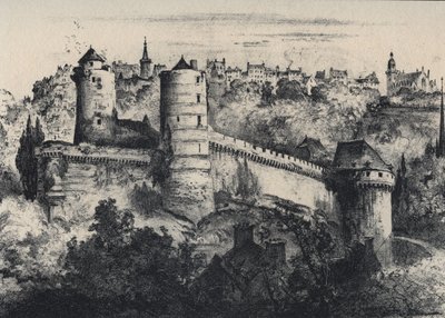 Chateau de Fougeres - borgfort i departementet Ille-et-Vilaine. Det gamle Frankrig - Bretagne - tekst, tegninger og litografier, af Albert Robida (1848-1926) udateret slutningen af 1800-tallet af Albert Robida