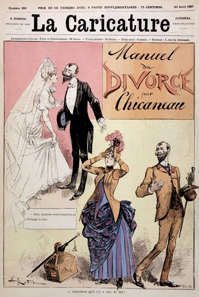 Par giftede sig derefter skilsmisse, "" Le Manuel du divorce"" af Chicaneau, illustration af Albert Robida (1848-1926), forside. ""Karikaturen"", 30/04/1887. af Albert Robida
