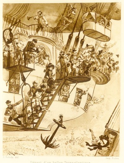 Afgang af en transatlantisk ballon, fra Le Vingtieme Siecle, pub. 1883 litografi, 1883. af Albert Robida
