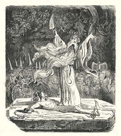 Druide udfører et menneskeoffer (gravering) af Albert Robida
