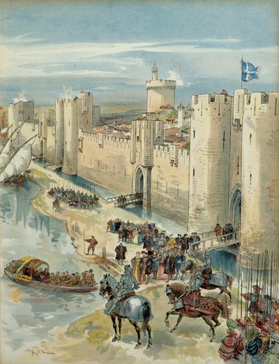 Ottende italienske krig (1536-1538): interview af Aigues Mortes (eller treve af Aigues Mortes) den 14. juli 1538, møde mellem Francois I (1494-1547), konge af Frankrig og Charles V (1500-1558), konge af Spanien og kejser af det hellige romerske rige german af Albert Robida