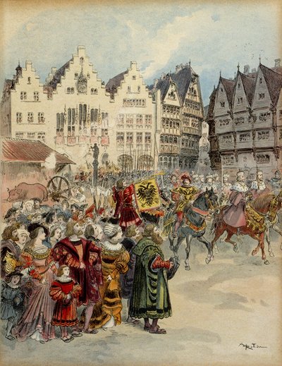Valg af Karl V (1500-1558) som kejser af Tyskland den 28. juni 1519. De syv kurfyrstekoretge løber gennem gaderne i Frankfurt (Tyskland). Illustration af Albert Robida