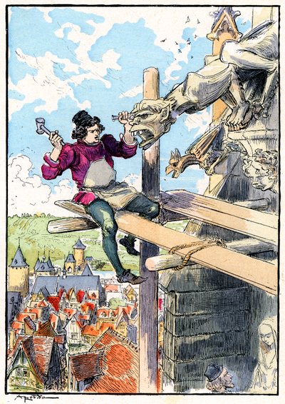 Gargoyle-billedhugger på stillads i det 15. århundrede af Albert Robida