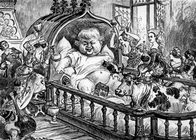 Store og uvurderlige kronikker af det store og enorme gigantiske Gargantua anonyme værk, der inspirerede Francois Rabelais til "Pantagruel" i 1532, gravering af Albert Robida: her Gargantua som en baby af Albert Robida
