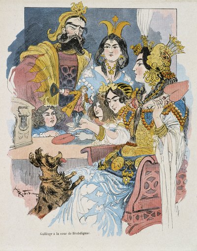 Gulliver ved Brobdignac Court - i "" Gulliver Voyages"" af Swift, ill. af Robida af Albert Robida