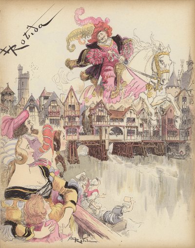 Rytter hopper over en bro (farve litho) af Albert Robida