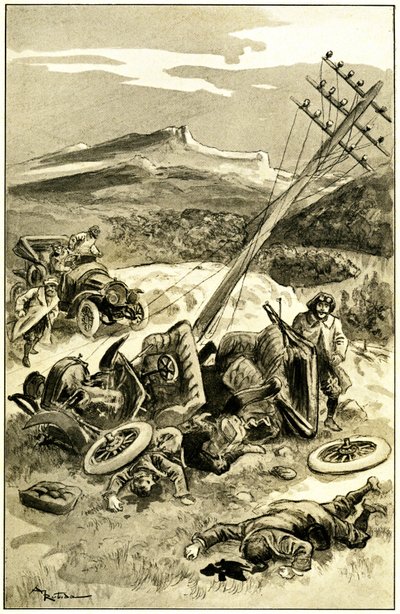 Illustration af Albert Robida (1848-1926) til Leon Berthaults bog "" Le record du tour du monde "", Mame-udgave fra det 20. århundrede (1911) - en trafikulykke omkring 1900: bil ramte en telegrafisk linjestang. Udstødte passagerer er såret - af Albert Robida