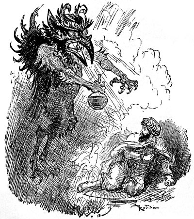 Albert Robidan (1848-1926) kuvitus arabilegendasta (1001 yötä) (Tales of the Thousand and One Nights): kamala demoni (paha henki) esittelee miehelle pullon viiniä. kaiverrus kirjasta "Choix de luennot" Armand Colin 1926. af Albert Robida