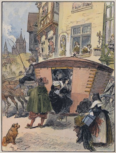 Illustration til Le Capitaine Bellormeau af og illustreret af A Robida (farve litho) af Albert Robida