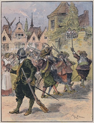 Illustration til Le Capitaine Bellormeau af og illustreret af A Robida (farve litho) af Albert Robida