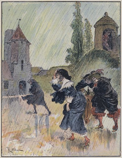Illustration til Le Capitaine Bellormeau af og illustreret af A Robida (farve litho) af Albert Robida