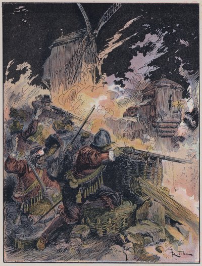Illustration til Le Capitaine Bellormeau af og illustreret af A Robida (farve litho) af Albert Robida