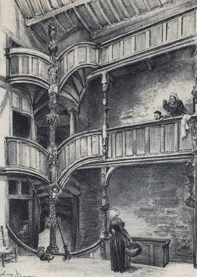 Interiør af et hus i Morlaix - Det gamle Frankrig - Bretagne - tekst, tegninger og litografier, af Albert Robida (1848-1926) udateret slutningen af 1800-tallet af Albert Robida