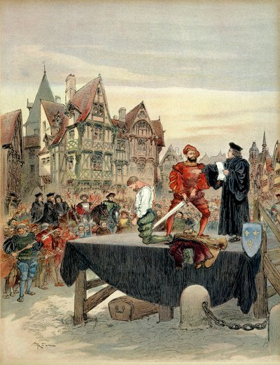 Jean de Poitiers, seigneur af Saint Vallier (ca. 1475-1539), kaptajn for vagterne hos Charles de Bourbon (1489-1537) var nådefuld på stilladset i 1524. Illustration af Albert Robida
