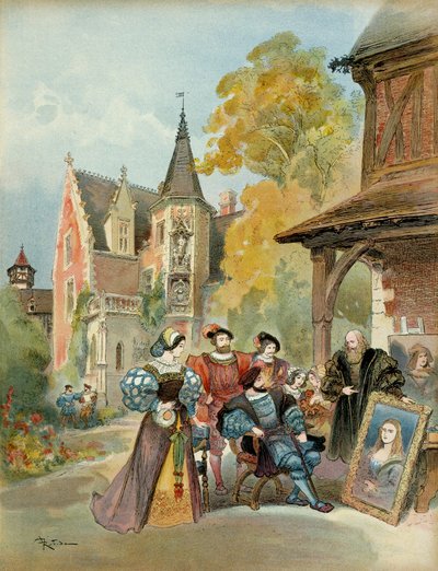 Kong Francois I (1494-1547) købte Mona Lisa til Leonard de Vinci (Leonardo da Vinci) (1452-1519), tæt på det kongelige slot Amboise, mellem 1516 og 1519. Illustration af Albert Robida