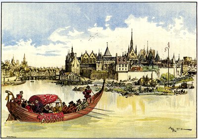 Kong Henri III i en båd, der lægger den første sten til Pont Neuf over Seinen i Paris, 31. maj. af Albert Robida