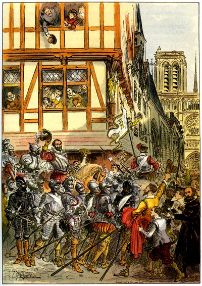 Kong Henri IV af Frankrig blev tiljublet af folkemængden, da han ankom til Notre-Dame efter overgivelsen af Paris den 22. marts. af Albert Robida