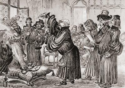 Le Sophiste feut introduict et commença sa harangue en toussant eller Sofisten blev introduceret og begyndte sin tale med at hoste. af Albert Robida