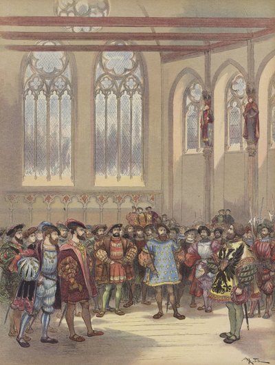Herolden Burgund, sendt af Charles-Quint, modtages af Francois Ier i parlamentets store sal af Albert Robida