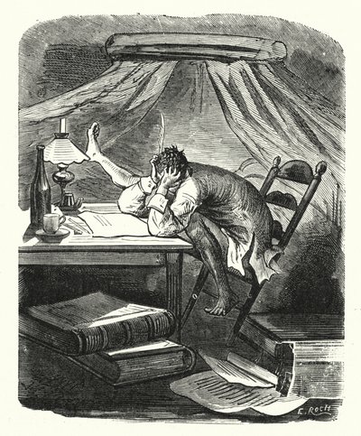 Mand læser ved et bord (gravering) af Albert Robida