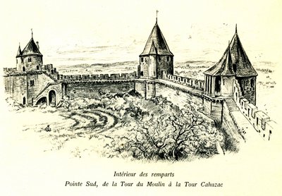 Keskiaikainen Carcassonnen kaupunki (Aude, Languedoc, Cathar Country) - Vallien sisäpuoli, eteläkärki, Moulin-tornista Cahuzacin torniin - Ulkoilmateatterin sijainti - Albert Robidan (1848-1926) romanttinen kaiverrus begissä julkaistu kirja af Albert Robida