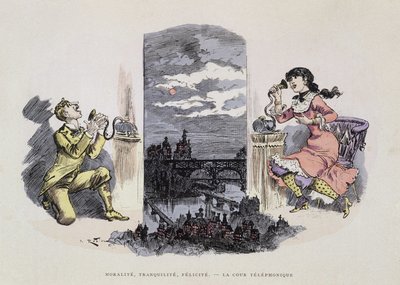 Moral, ro, lyksalighed - Telefondomstolen, karikatur af Robida, sd. 19. århundrede af Albert Robida