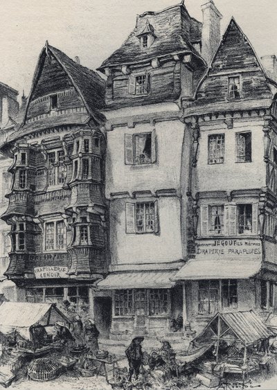 Place du marche i Lannion - Det gamle Frankrig - Bretagne - tekst, tegninger og litografier, af Albert Robida (1848-1926) udateret slutningen af ​​1800-tallet af Albert Robida
