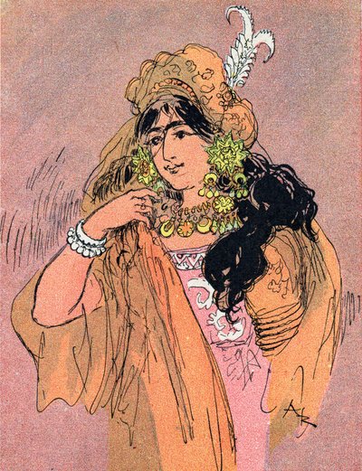 Portræt af prinsesse Bradoulboudour (Portræt af prinsesse Badroulbadour) Illustration af Albert Robida (1848-1926) til fortællingen "Aladin og den vidunderlige lampe" i "" les mille et une nuits"" (Illustration til fortællingen "" Aladdin"" i "" The Book o af Albert Robida