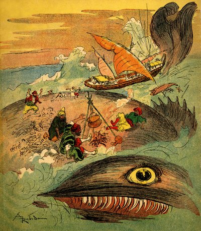 Sømanden Sindbad (Sinbad) - fortælling om de tusind og en nat (1001) - bog fra 1948, der fortæller sine eventyr (Fortin-udgaven, Wonderful Imaging of childhood collection) - illustration af Albert Robida (1848 - 1926): Sindbad og hans ledsagere har mislykk af Albert Robida