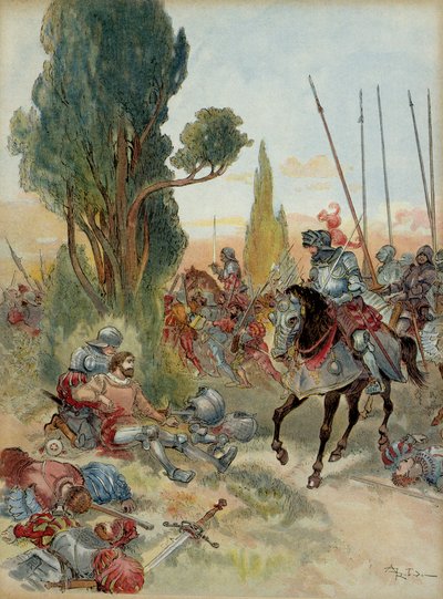 Sjette italienske krig (1521-1526): Pierre Terrail de Bayards død (1476-1524), såret af et arkebusangreb på Rebec (Italien), i 1524, stod Charles de Montpensier, der var forbundet fra Bourbon (1490-1527), over for ham . Illustration af Albert Robida