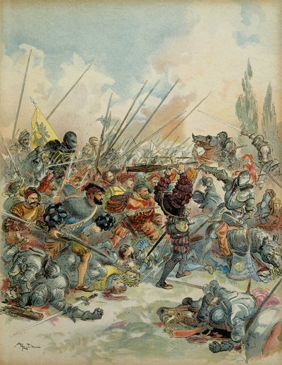 Sjette italienske krig (1521-1526): Kong Francois I (1494-1547) i Pavia (Italien) den 24. februar af Albert Robida