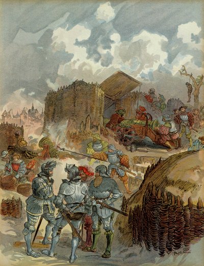 Sjette italienske krig (1521-1526): Pierre Terrail de Bayard (1476-1524) ved hovedkvarteret i Mezieres i 1521. Illustration af Albert Robida