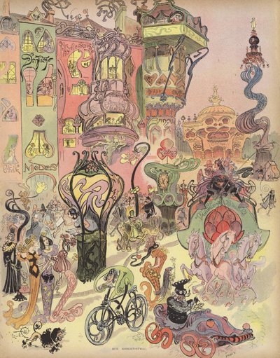 Gade, moderne stil (farve litho) af Albert Robida