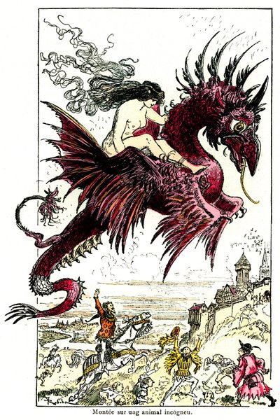Succubus: kvindelig dæmon (kvinde - kvinde) rider på en drage - illustration af Albert Robida til Drolatic Tales af Honore de Balzac - begyndelsen af det 20. århundrede af Albert Robida