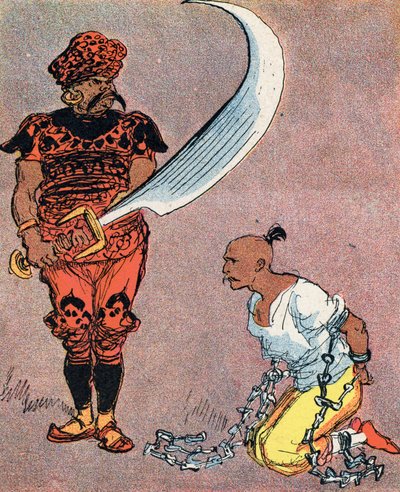 Sultan beordrer at skære hovedet af Aladdin af. Illustration af Albert Robida (1848-1926) til fortællingen "Aladin og den vidunderlige lampe" i "" les mille et une nuits" (Illustration til fortællingen "" Aladdin"" i "The Book of Tusind og en nat eller” Ar af Albert Robida