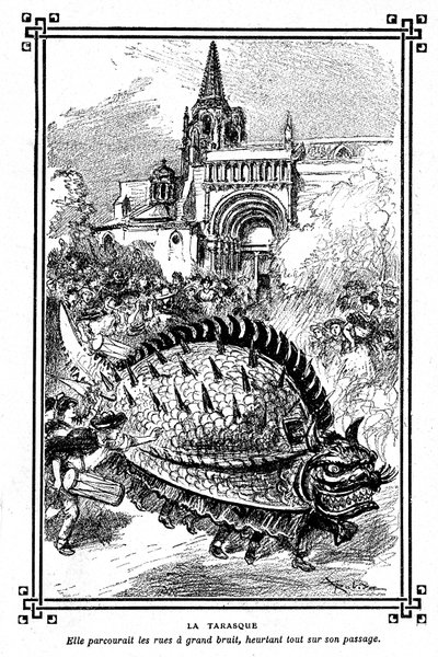 Tarasconin taraski, upea Provencen kansanperinteen hirviö: Albert Robidan kuvitus A Mironneaun koulukirjasta "Choice of readings", Librairie Armand Colin 1911 - af Albert Robida