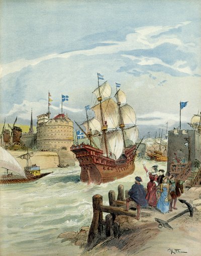 Den franske flåde i Le Havre, som blev ved beslutning af Francois I af Albert Robida