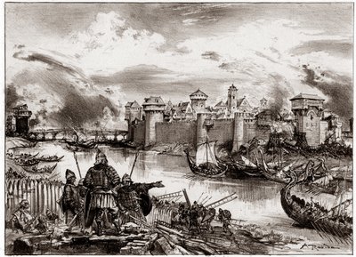 Vikingerne, normanniske pirater under ledelse af deres leder Siegfried, belejrer Paris (kobberstik) af Albert Robida