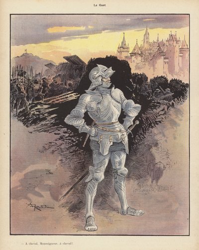 Uret; soldat i rustning ser belejringen af en by (farve litho) af Albert Robida