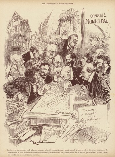 The Workers of the Disfiguration: Planlægningsafdelingen i en kommunalbestyrelse (litho) af Albert Robida
