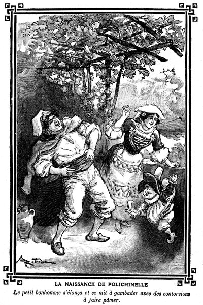 Polichinelles fødsel. Tegning af Albert Robida (1848-1926) i en bog med børnelæsninger 1920-1930. af Albert Robida